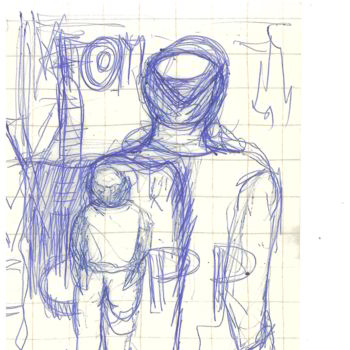 Drawing titled "negozio con donna e…" by Bruno, Original Artwork, Ballpoint pen