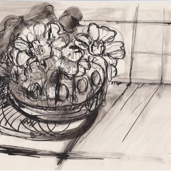 Disegno intitolato "tavolo con vaso di…" da Bruno, Opera d'arte originale, Inchiostro
