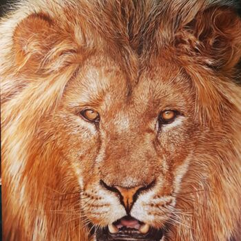 Schilderij getiteld "the lion" door Gorka Gonzalez Crespo, Origineel Kunstwerk, Olie Gemonteerd op Frame voor houten brancard