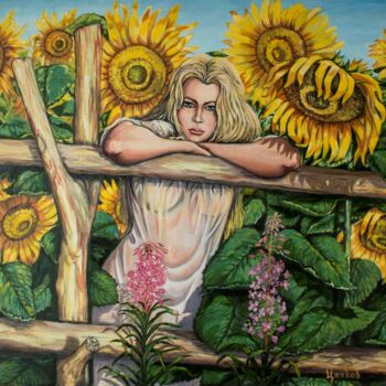 Painting titled "Sunflowers" by Goroboy, Original Artwork, Oil Mounted on Wood Stretcher frame
