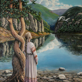 Painting titled "Swan Lake" by Goroboy, Original Artwork, Oil