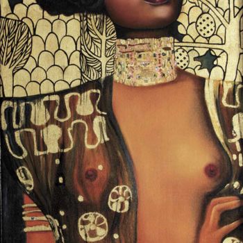 Pintura intitulada "L'Africaine Klimtée" por Catherine Gosselin, Obras de arte originais, Óleo Montado em Armação em madeira