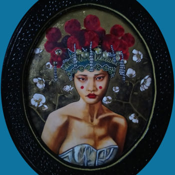 Painting titled "La Chinoise au Cors…" by Catherine Gosselin, Original Artwork, Oil Mounted on Wood Stretcher frame