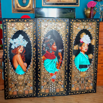 Painting titled ""Les 3 Grâces"" by Catherine Gosselin, Original Artwork, Oil Mounted on Wood Stretcher frame