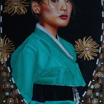 Malarstwo zatytułowany „"La Coréenne"” autorstwa Catherine Gosselin, Oryginalna praca, Olej Zamontowany na Drewniana rama no…