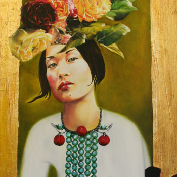 Pintura titulada "La Couronne de Roses" por Catherine Gosselin, Obra de arte original, Oleo Montado en Bastidor de camilla d…