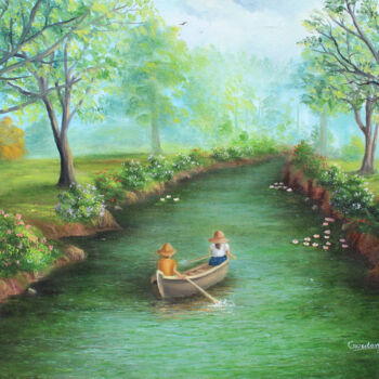 Painting titled "Forest Boating Land…" by Goutami Mishra, Original Artwork, Oil