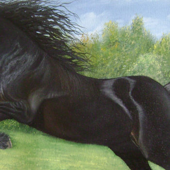 Painting titled "Black Horse Running" by Goutami Mishra, Original Artwork, Oil