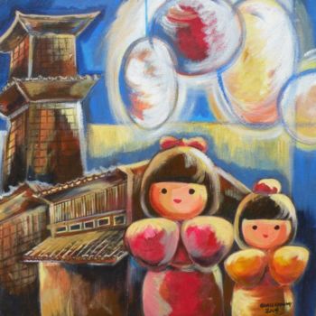 Картина под названием "Japanese_dolls_1_ac…" - Grace Choong, Подлинное произведение искусства, Масло