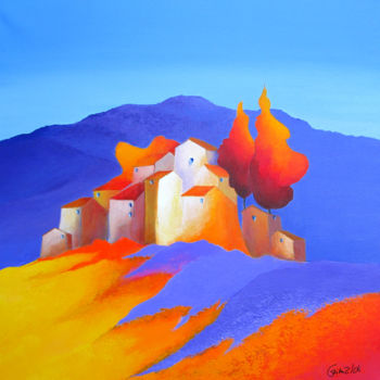 Картина под названием "Les monts bleus, cy…" - Graciela Grimaldi, Подлинное произведение искусства, Акрил Установлен на Дере…