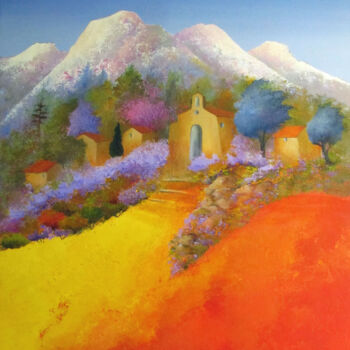 Painting titled "Chapelle de Provence" by Graciela Grimaldi, Original Artwork, Acrylic Mounted on Wood Stretcher frame