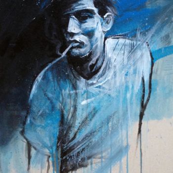 Painting titled "MAN SMOKING BLUES" by Graffmatt, Original Artwork, Acrylic Mounted on Wood Panel