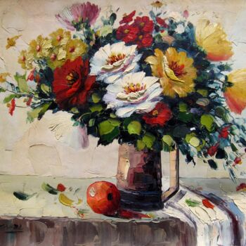 Painting titled "Vase flower 331" by Greg Leander, Original Artwork, Oil Mounted on Wood Stretcher frame