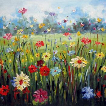 Malarstwo zatytułowany „Flower Field 201” autorstwa Greg Leander, Oryginalna praca, Olej Zamontowany na Drewniana rama noszy