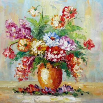 Painting titled "Vase Flower 102" by Greg Leander, Original Artwork, Oil Mounted on Wood Stretcher frame