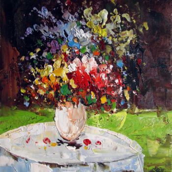 Painting titled "Vase Flower 106" by Greg Leander, Original Artwork, Oil Mounted on Wood Stretcher frame