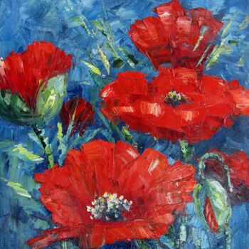 Painting titled "Poppies 005" by Greg Leander, Original Artwork, Oil Mounted on Wood Stretcher frame