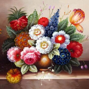 Schilderij getiteld "Flower tradtional 1…" door Greg Leander, Origineel Kunstwerk, Olie Gemonteerd op Frame voor houten bran…