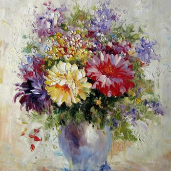 Malarstwo zatytułowany „Vase Flower 306” autorstwa Greg Leander, Oryginalna praca, Olej Zamontowany na Drewniana rama noszy