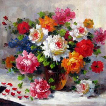 Painting titled "Vase Flower 530" by Greg Leander, Original Artwork, Oil Mounted on Wood Stretcher frame