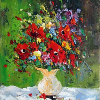 Картина под названием "Vase Flower 111" - Greg Leander, Подлинное произведение искусства, Масло Установлен на Деревянная рам…