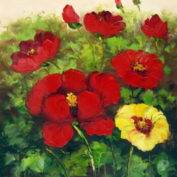 Peinture intitulée "Red Flower 102" par Greg Leander, Œuvre d'art originale, Huile Monté sur Châssis en bois