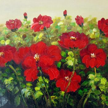 Painting titled "Red Flower 104" by Greg Leander, Original Artwork, Oil Mounted on Wood Stretcher frame