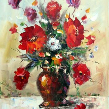 Painting titled "Vase Flower 203" by Greg Leander, Original Artwork, Oil Mounted on Wood Stretcher frame