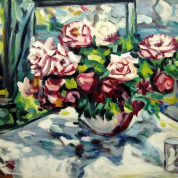 Painting titled "Vase Flower 229" by Greg Leander, Original Artwork, Oil Mounted on Wood Stretcher frame