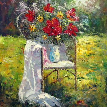 Painting titled "Vase Flower 206" by Greg Leander, Original Artwork, Oil Mounted on Wood Stretcher frame
