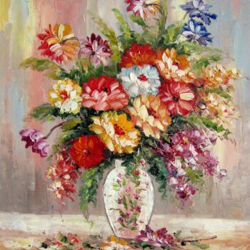 Painting titled "Vase Flower 217" by Greg Leander, Original Artwork, Oil Mounted on Wood Stretcher frame