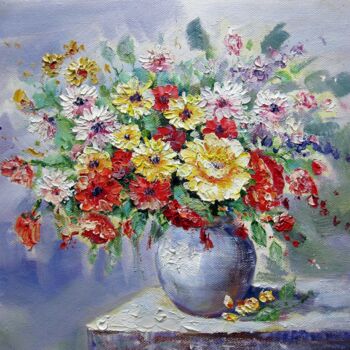 Malarstwo zatytułowany „Vase Flower 313” autorstwa Greg Leander, Oryginalna praca, Olej Zamontowany na Drewniana rama noszy