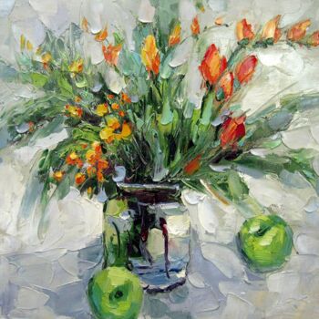 Painting titled "Vase Flower 317" by Greg Leander, Original Artwork, Oil Mounted on Wood Stretcher frame