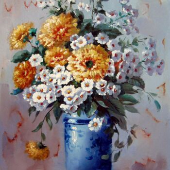 Painting titled "Vase Flower 534" by Greg Leander, Original Artwork, Oil Mounted on Wood Stretcher frame