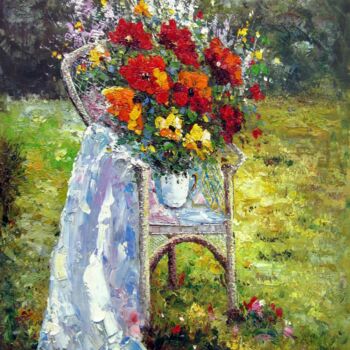 Painting titled "Flowers on chair 001" by Greg Leander, Original Artwork, Oil Mounted on Wood Stretcher frame