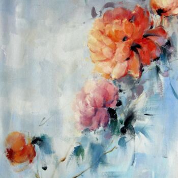 Painting titled "Peony 005" by Greg Leander, Original Artwork, Oil Mounted on Wood Stretcher frame