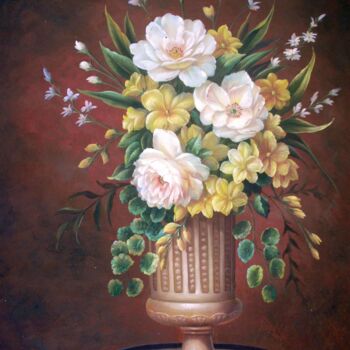 Painting titled "Vase Flower 501" by Greg Leander, Original Artwork, Oil Mounted on Wood Stretcher frame