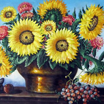 Painting titled "Sunflower 201" by Greg Leander, Original Artwork, Oil Mounted on Wood Stretcher frame