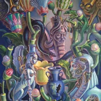 Painting titled "Sphinxes and Lotuses" by Greg Known, Original Artwork, Oil