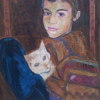 Painting titled "Oskian et  le chat…" by Grégoire Koboyan (Cricorps), Original Artwork, Oil