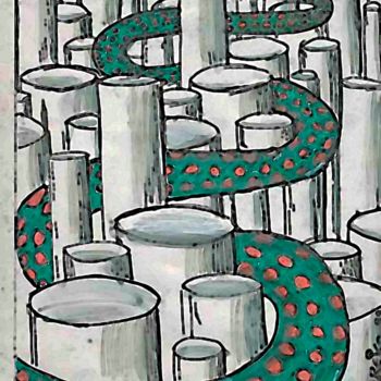 Peinture intitulée "Serpent vert et rou…" par Grégoire Koboyan (Cricorps), Œuvre d'art originale, Gouache