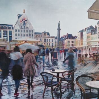 Peinture intitulée "Lille sous la pluie" par Grégoire Mathieu, Œuvre d'art originale, Huile Monté sur Châssis en bois