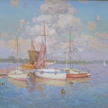 Painting titled "Yachts In Kherson" by Gregory Gamaley, Original Artwork, Oil Mounted on Wood Stretcher frame