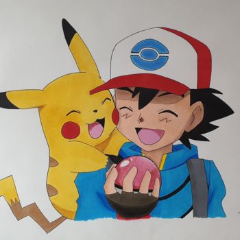 Drawing titled "Sacha et Pikachu" by Melodias Art, Original Artwork, Pencil