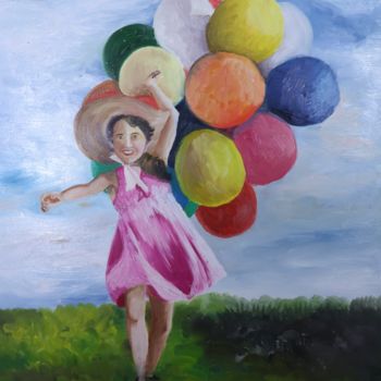 Painting titled "Menina com balões" by Greice Pozzatto, Original Artwork, Oil