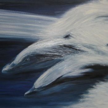 Painting titled "Les dauphins" by Valérie Gremmo, Original Artwork, Oil