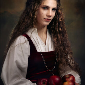 Painting titled "Girl With Apples" by Grigore Roibu, Original Artwork, Digital Print