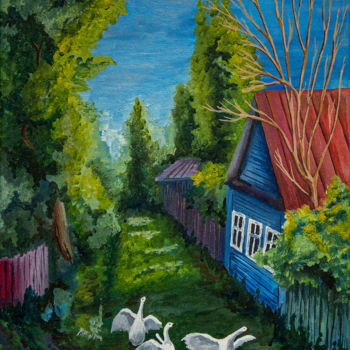 Pintura intitulada "В деревне" por Grigory Belyaev, Obras de arte originais, Óleo