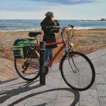 Painting titled "Chica con bici en l…" by Griselda Ferrandez, Original Artwork, Oil Mounted on Wood Stretcher frame