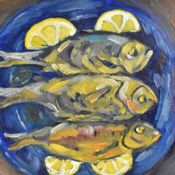 Painting titled "Fried fish" by Grigorii Zulkarniaev, Original Artwork, Oil